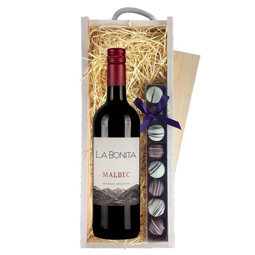 La Bonita Malbec 75cl Red Wine & Truffles, Wooden Box